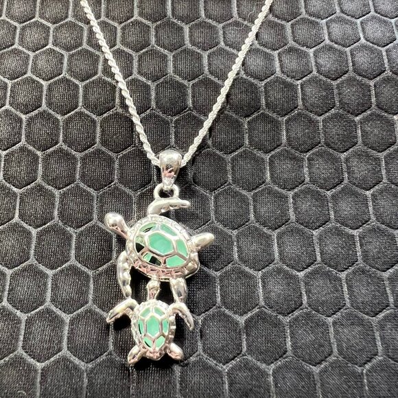Turtle Necklace with Aqua Sea Glass 18K White Gold Plated - Picture 1 of 1